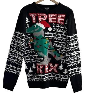 Men's Ugly Christmas Sweater Tree Rex Dinosaur Jumper Black Knit Medium Funny